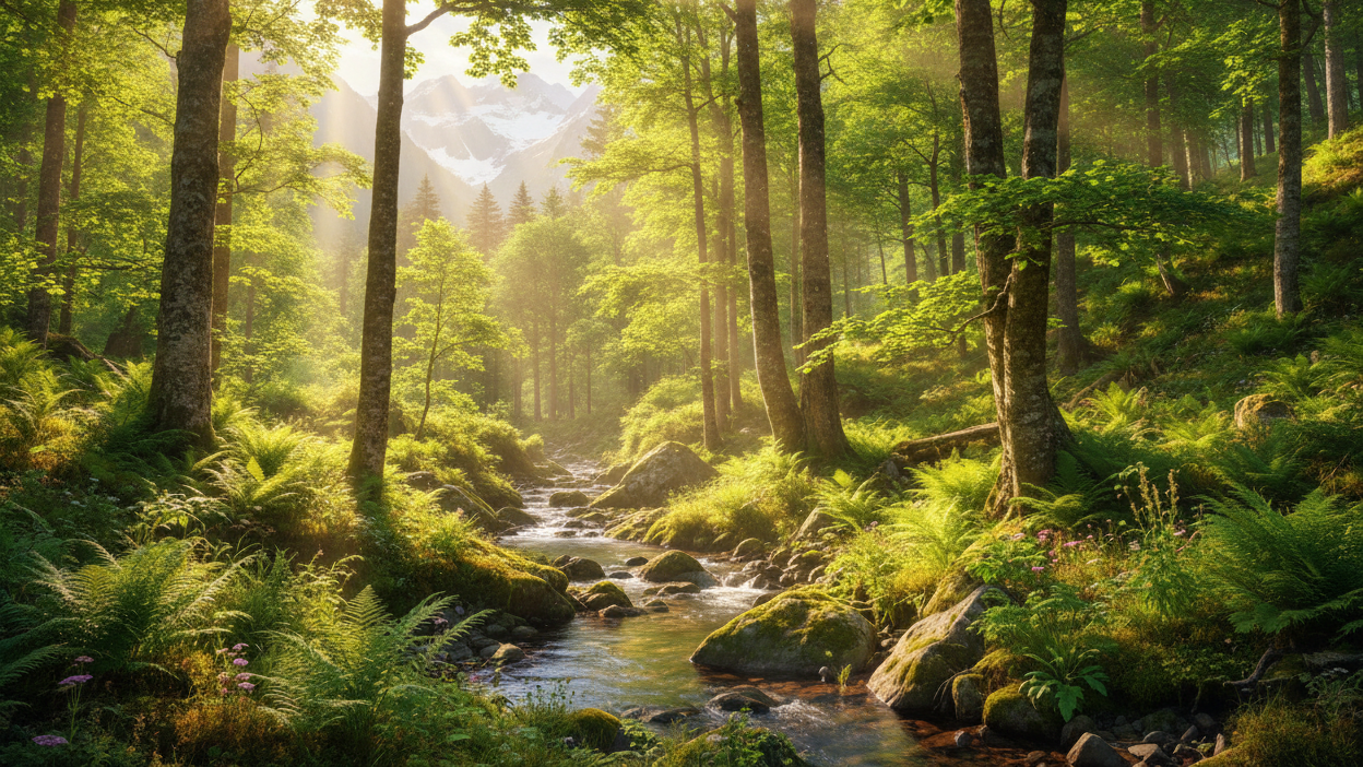 Bergwald im Sommer mit Sonnenschein